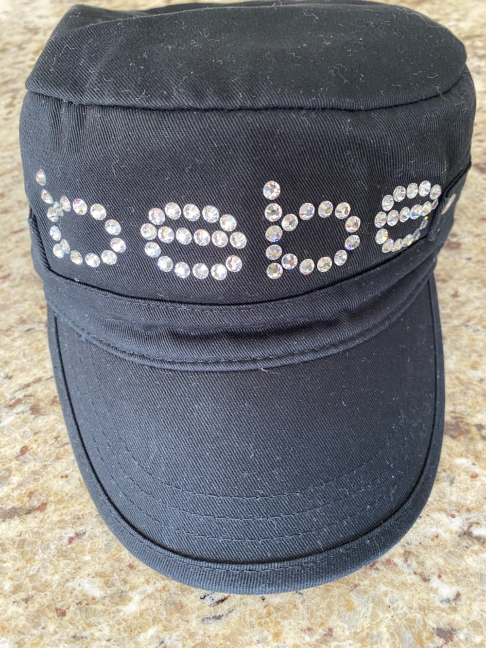 Bebe Rhinestone Embellished Black Cadet Cap - adjustable